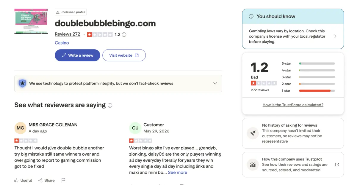 double bubble bingo trustpilot