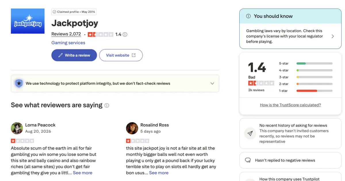 jackpotjoy review trustpilot